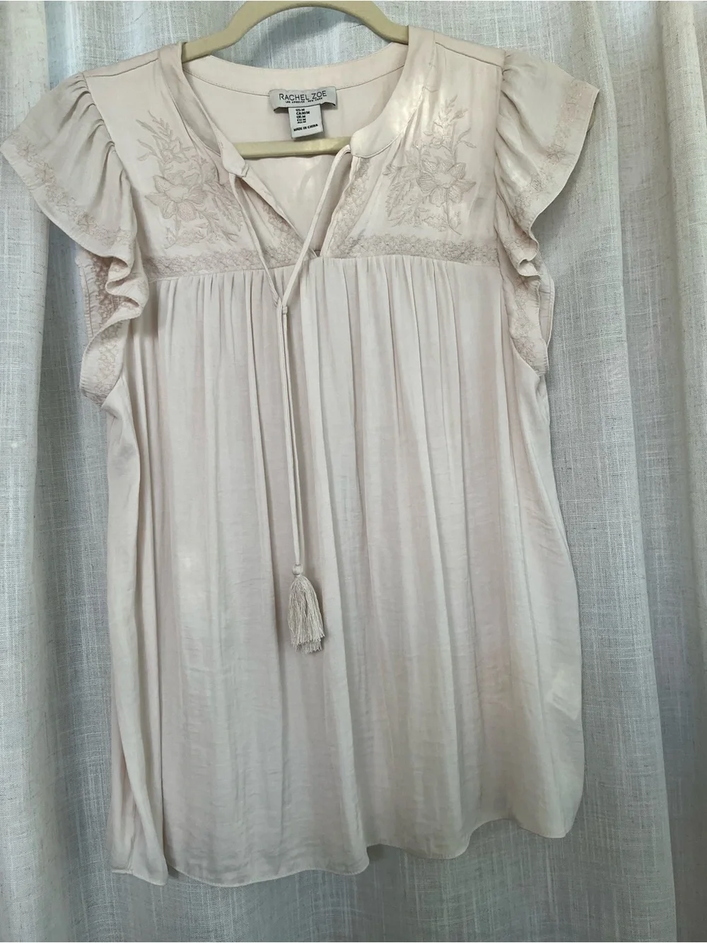 Embroidered Tassel-Tie Flutter Sleeve Top - Picture 1 of 7